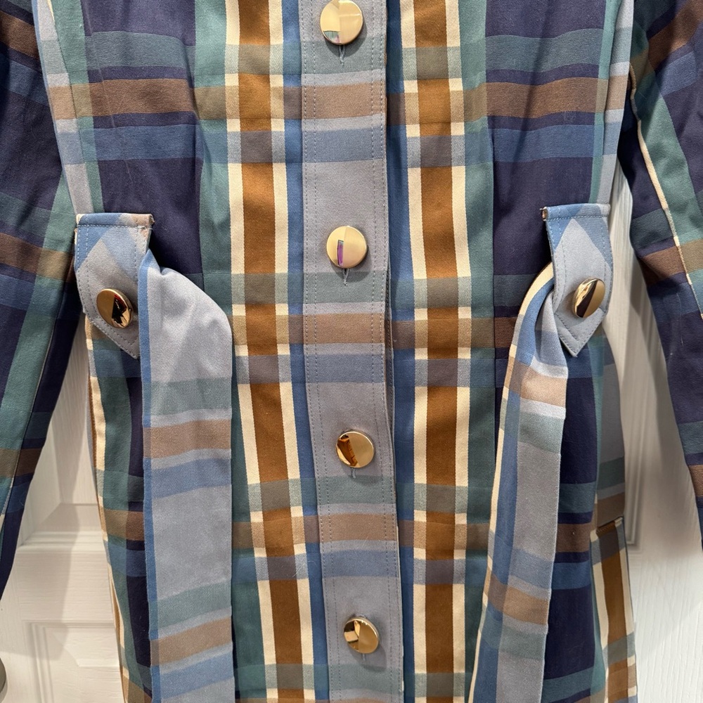 CAbi Multicolor Plaid Trench Coat w/ Gold Buttons - Picture 3 of 9